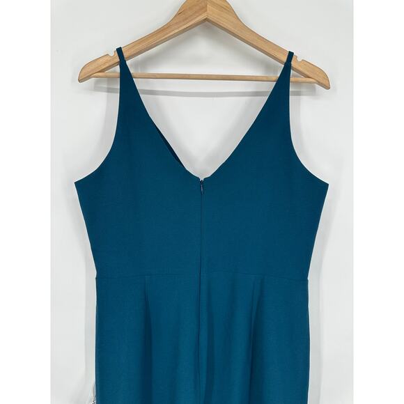 Dress The Population Anita Midi Dress V-Neck Ruched Crepe Sheath, Peacock Blue - Picture 10 of 16